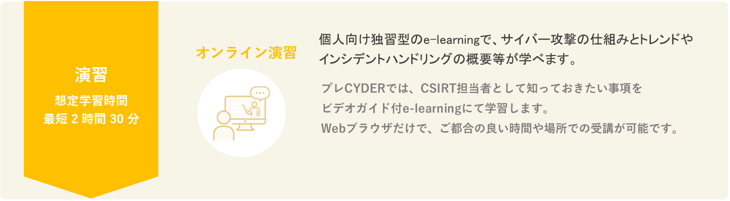 プレCYDER 想定学習時間 最短2時間25分 個人向け独習型のe-learningで、サイバー攻撃の仕組みとトレンドやインシデントハンドリングの概要等が学べます。 演習項目：ハンズオン